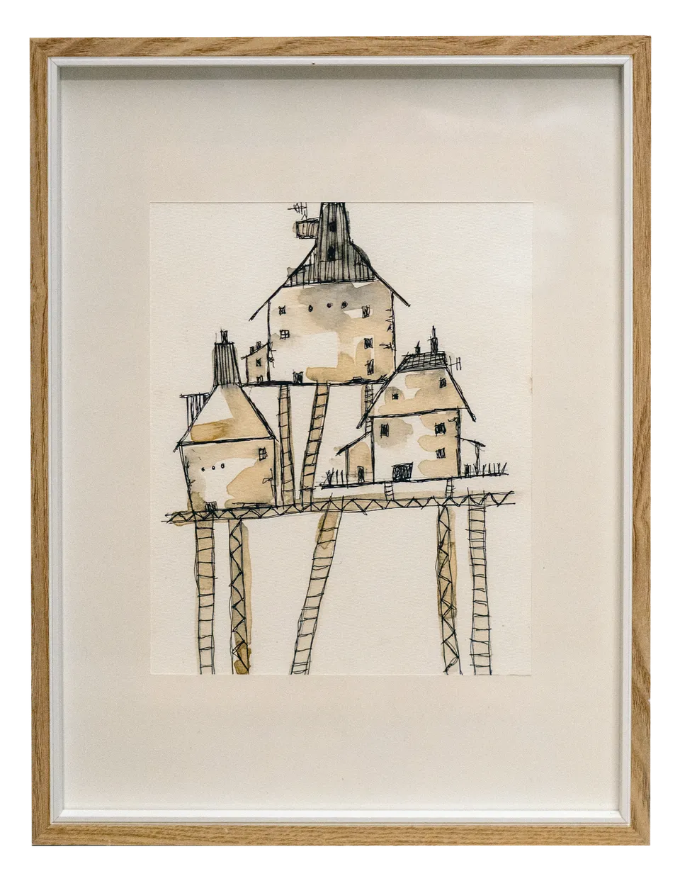 La Escalera, ink and watercolour on paper, framed in oak